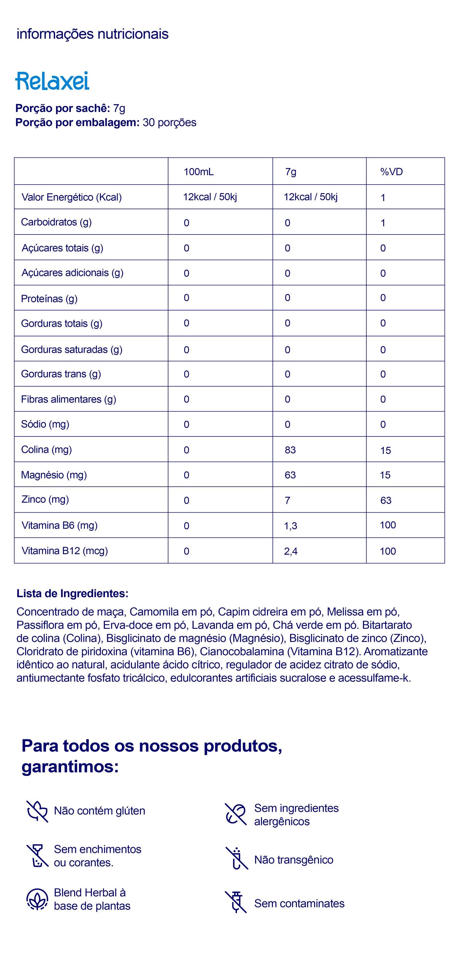 Informações nutricionais Relaxei